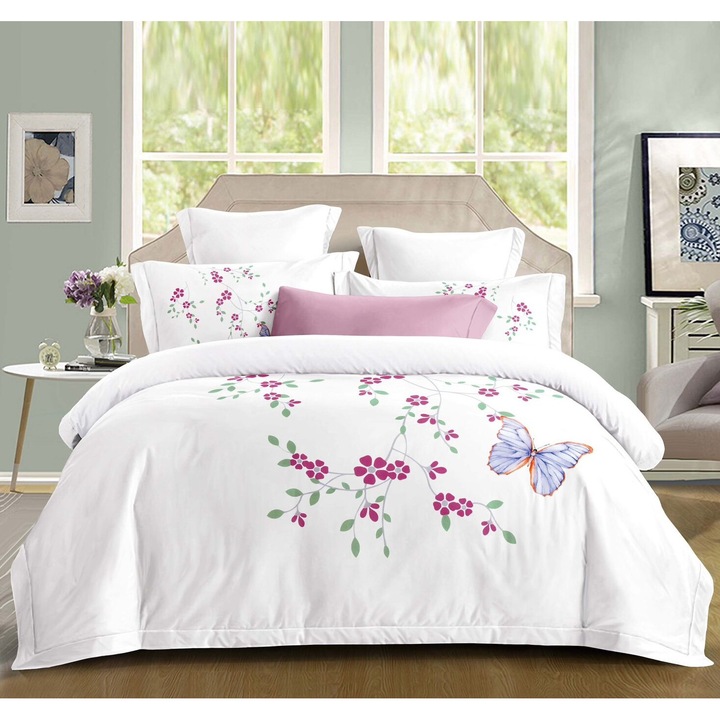 Lenjerie de pat pentru 2 persoane, Bumbac imprimat, 4 piese, cearceaf elastic 180x200cm, cearceaf de pilota 200x230 cm, 2 Fata de perna 55x80 cm, Alb, Multicolor, P 11