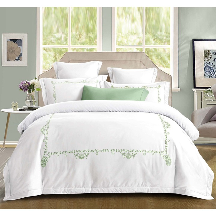 Lenjerie de pat pentru 2 persoane, Bumbac imprimat, 4 piese, cearceaf elastic 180x200cm, cearceaf de pilota 200x230 cm, 2 Fata de perna 55x80 cm, Alb, Multicolor, P 12