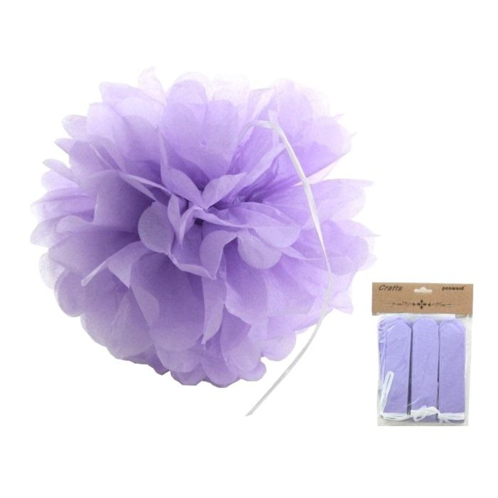Set 3 pompoane de hartie Penword, violet, 25cm