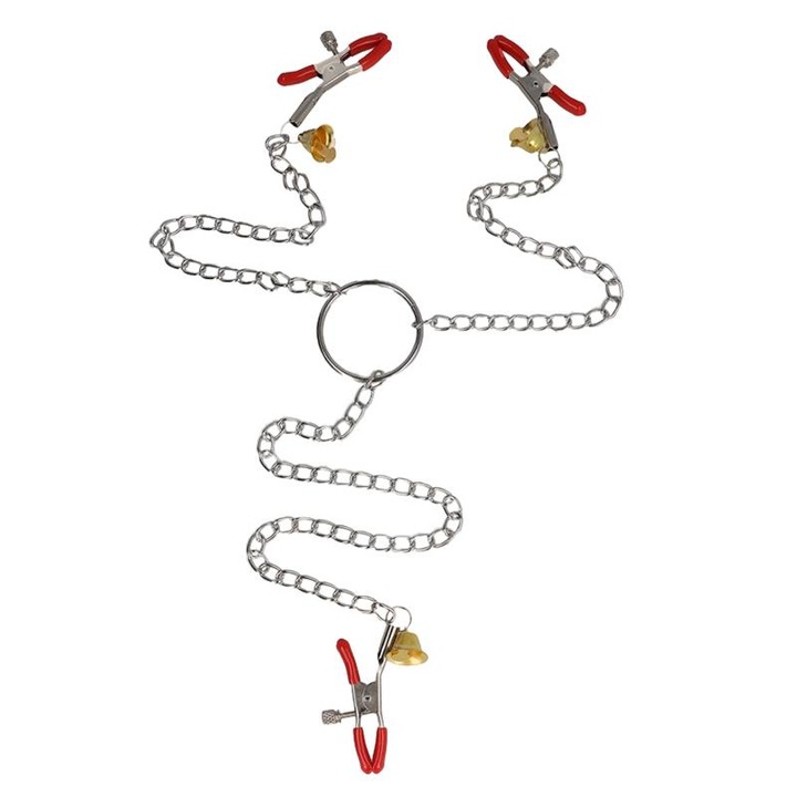Set de cleme pentru sani si clitoris cu lant, KINK, rosu, 30 cm