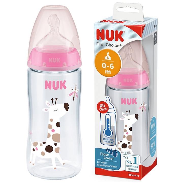 Бебешко шише NUK First Choice+ 300ml, със силиконов туф M 0-6 месеца, с индикатор за температура, антиколкова, модел ZYRAFA