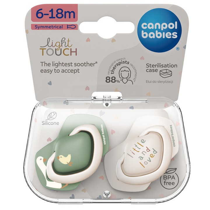 Комплект 2 залъгалки, Canpol, Силикон, За деца 6-18 месеца, Бяло / Зелено