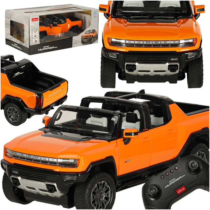 Masinuta RC Hummer EV 1:16, portocalie, 2 moduri, 35x14x13cm, set complet