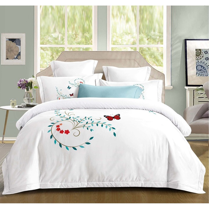 Lenjerie de pat pentru 2 persoane, Bumbac imprimat, 4 piese, cearceaf elastic 180x200cm, cearceaf de pilota 200x230 cm, 2 Fata de perna 55x80 cm, Alb, Multicolor, P 10