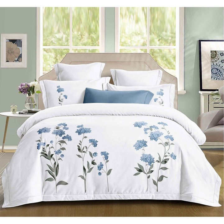 Lenjerie de pat pentru 2 persoane, Bumbac imprimat, 4 piese, cearceaf elastic 180x200cm, cearceaf de pilota 200x230 cm, 2 Fata de perna 55x80 cm, Alb, Multicolor, P 5