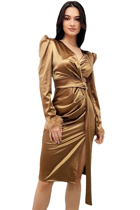 Rochie satinata Marinea, cu crapatura pe picior, maneci bufante si mansete cu puf, Bronz, Marime universala S/M, FashionForYou