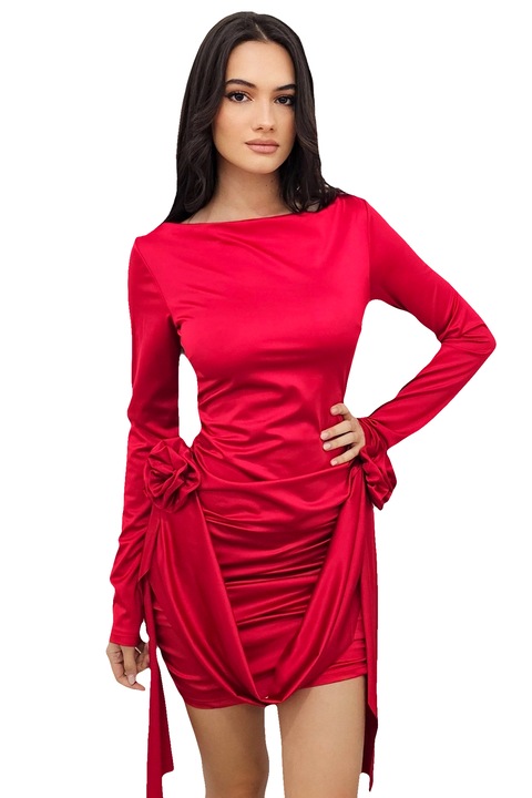 Rochie eleganta Jordana, cu aplicatii florale si fronseuri laterale, Rosu, Marime universala S/M, FashionForYou