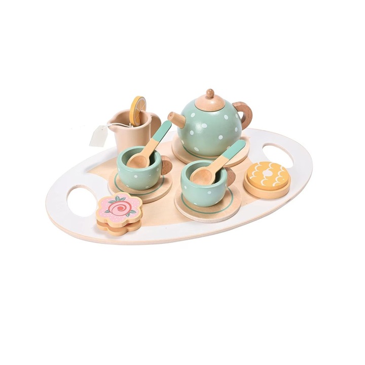 Set de Ceai din Lemn, 15 Piese, Multicolor Pastel, 30x17.5cm