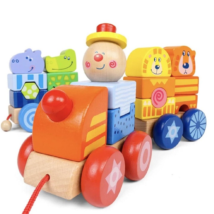 Jucarie Trenulet din lemn cu snur de tras, Animale din lumea circului, Multicolor, 41x14.5x8cm