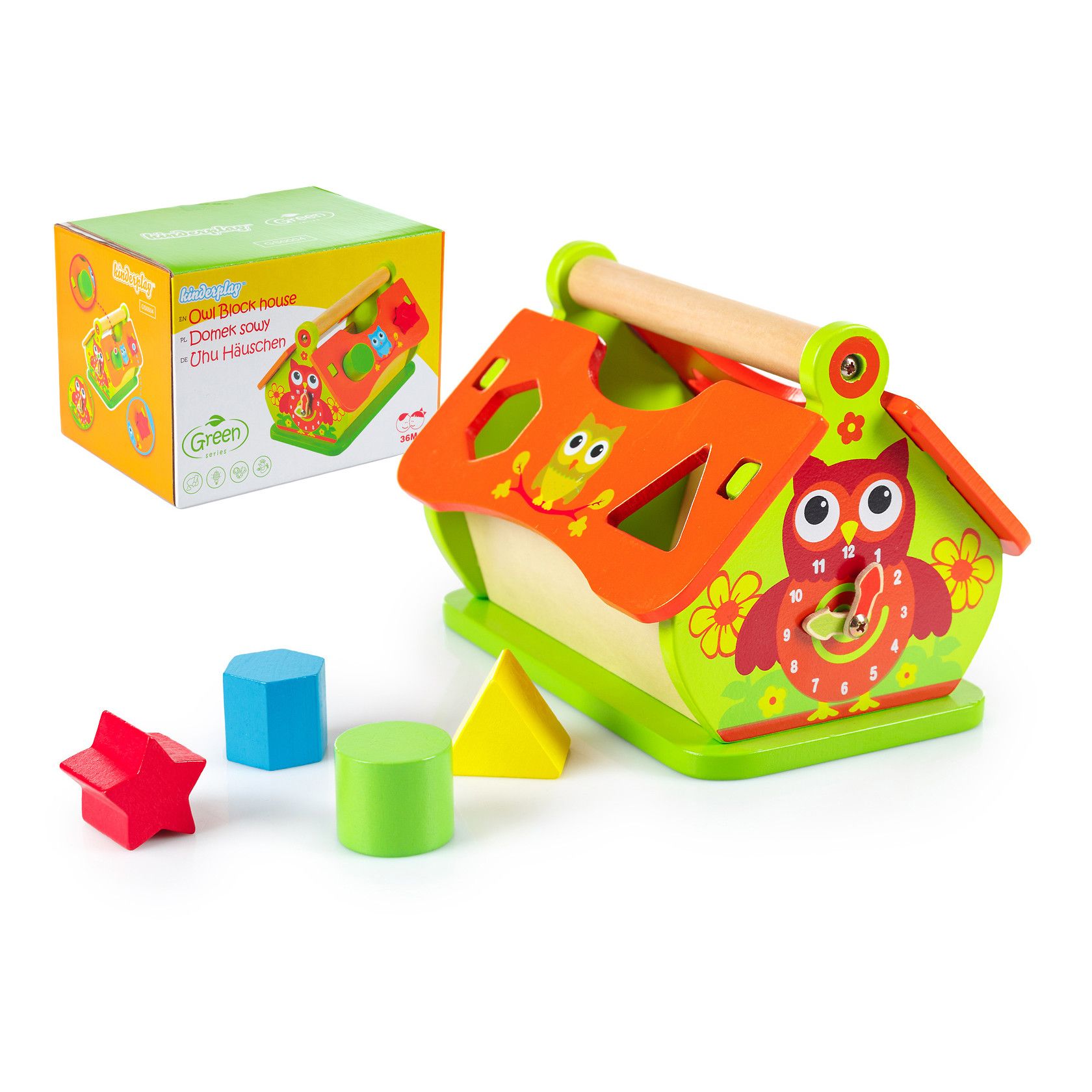 Jucarie din lemn natural, educativa si interactiva pentru copii, Casuta bufnitei, Green Series, 20x13x14,5 cm