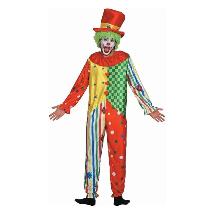 Costum + palarie de clovn pentru adulti, Godan, Poliester, Multicolor, 56 EU
