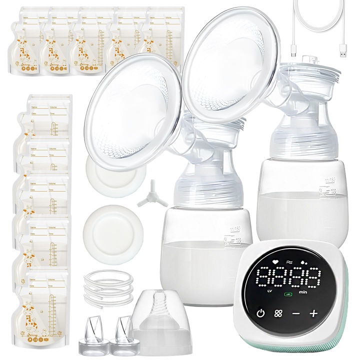 Двойна електрическа помпа за кърма, BYONDSELF®, 3 режима, 9 нива, 180 ml, сензорен екран, ниско ниво на шум, преносима, с 10 x торбички за съхранение на мляко