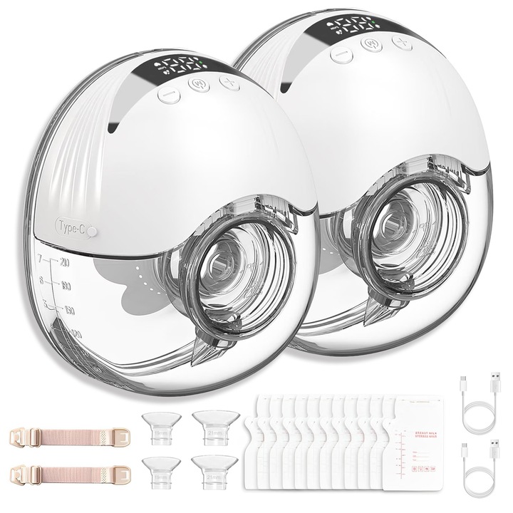 Dupla elektromos mellszívó, BYONDSELF®, 4 üzemmód, 12 szint, 210 ml, hordozható, LED kijelző, 10 tejtároló tasakkal/karimás betéttel/szeleppel/szíjjal, fehér