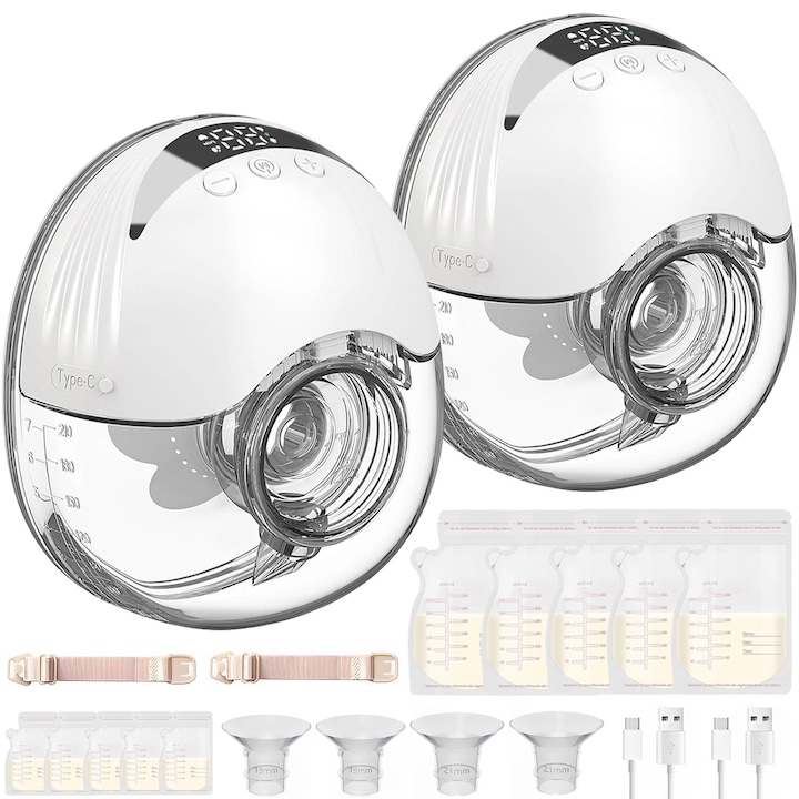 Pompa de San Electrica Dubla, BYONDSELF®, 4 Moduri, 12 Nivele, 210ml*2, Portabila, Display LED, cu 10 Pungi Stocare Lapte/Insert Flansa/Valve/Bretea, Alb