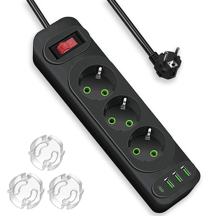 Hosszabbítókábel, BYONDSELF®, 2500 W, 3 USB A, 1 USB C, 2M, 3 aljzat, gyermekvédelem, 3 aljzatvédő burkolattal, fekete