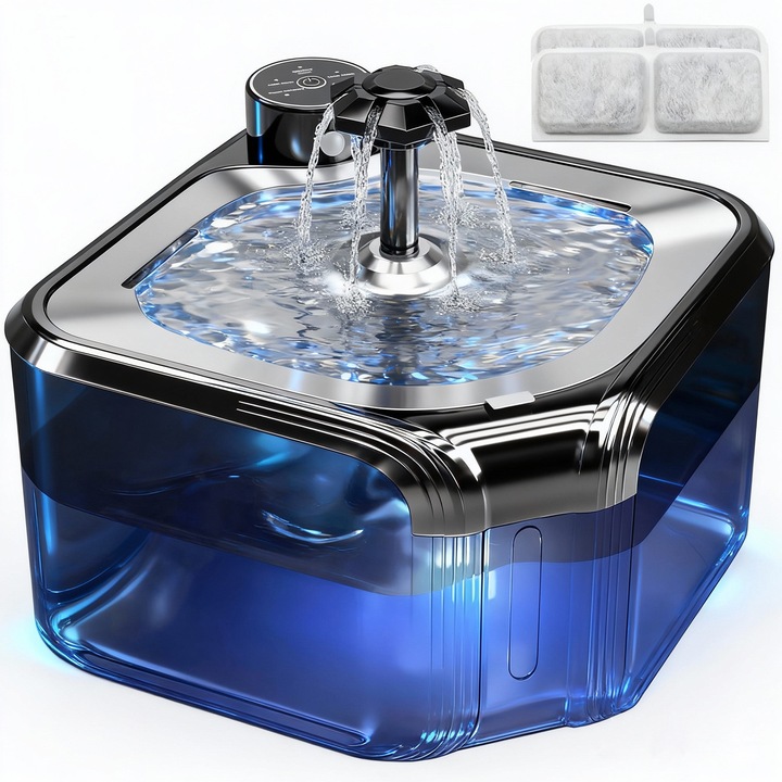 Dispenser Apa Automat Tip Fantana pentru Pisici si Caini, BYONDSELF®, Wireless, Senzor Miscare, 2.8L, 3600mAh, 3 Moduri, Otel Inoxidabil 304, LED, cu 2 Filtru, Negru