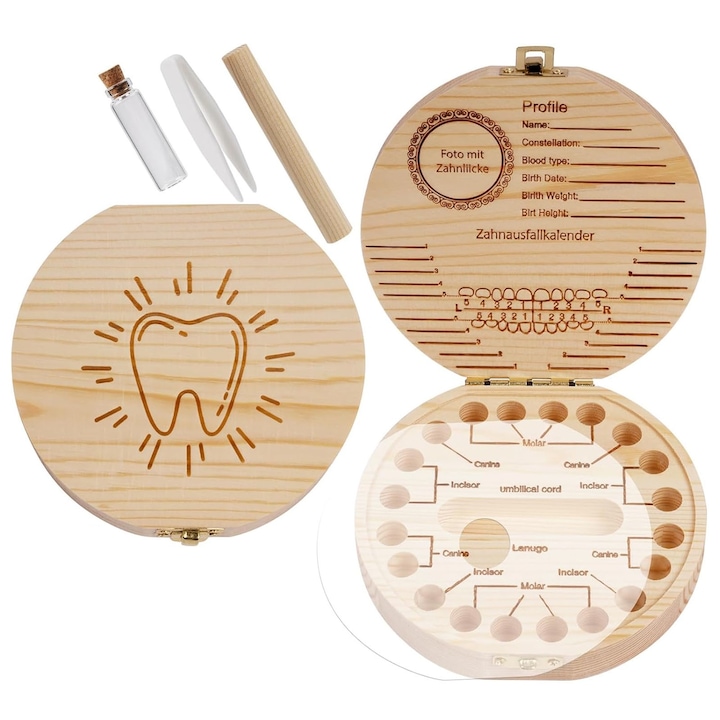 Дървена сувенирна кутия за съхранение на бебешки зъбки, SINBINTA, Модел на зъбите, Не избледнява и не се деформира, Лесна за съхранение, За Коледа, рождени дни и бебешки партита, 12,8x12,8x2,8 см, Дърво