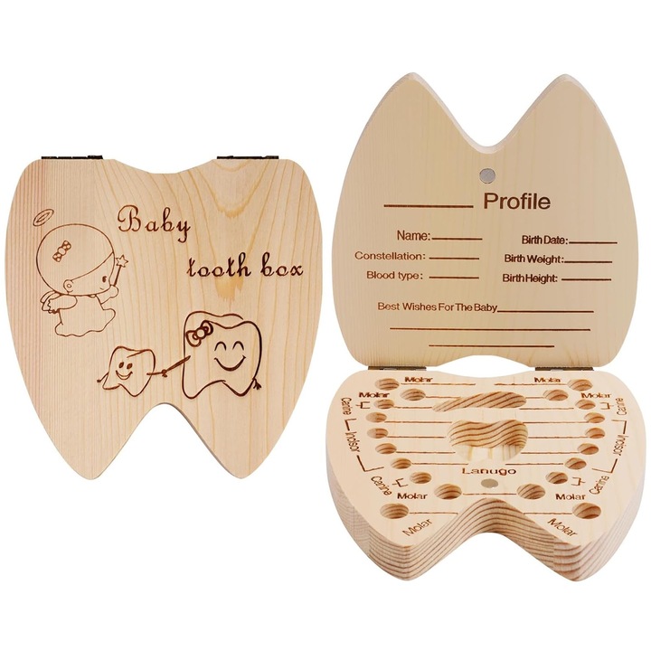 Кутия за бебешки зъби, Кутия за фея на зъбите, SINBINTA, Съхранение на косата, Модел за момичета, Лесен за съхранение, Скъпоценен семеен спомен, За Коледа, рождени дни и празненства за бебета, 11,7x11,7x2,8 см, Дърво, Кафяв