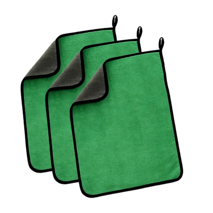 Set 3 Lavete Microfibra Profesionale, SINBINTA, Fara scame, Rezistente la decolorare, Foarte absorbant, Indeparteaza murdaria si lichidele, Pentru intretinere sau curatare auto si casa, 30 x 40 cm, Verde