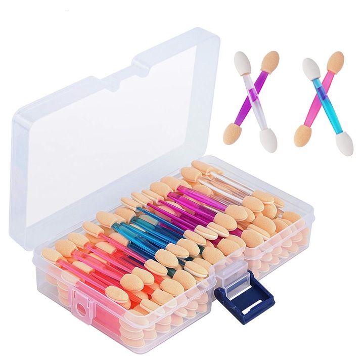 Set 120 Bucati Aplicatoare de Burete pentru Fard de Pleoape, Hggzeg, Dual-sided, Utilizari multiple, Mic si portabil, Utilizare umeda sau uscata, Pentru machiaj, potrivit makeup profesional/ incepatori, Plastic/Latex, Lungime 6.5cm, Multicolori