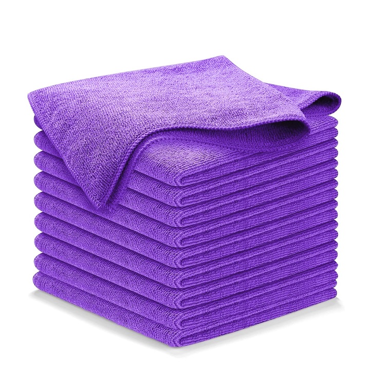 Set 10 Lavete Microfibra Profesionale, SINBINTA, Fara scame, Rezistente la decolorare, Foarte absorbant, Indeparteaza murdaria si lichidele, Pentru intretinere sau curatare auto si casa, 30 x 40 cm, Violet