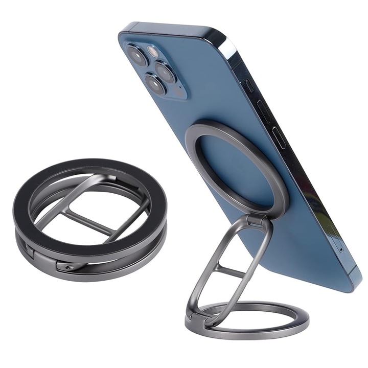 Suport Magnetic Inel Pentru Telefon, Axroad Mall, Suport Telefon Pentru Masina, Cu 2 magneti si banda adeziva 3M, Stabilitate anti-alunecare, Universal, Ergonomic, Pliabil, Pentru vizionare, Video-call-uri, Aliaj, 56x56x14mm, Gri