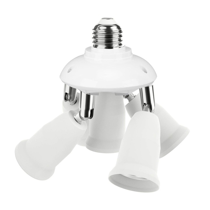 Adaptor dulie E27, Convertor de becuri LED, SINBINTA, 5 IN 1, 100W, Rezistent la temperaturi inalte, Ajustabil la 360 de grade, Indoire la 180 de grade, Usor de instalat, Metal/ABS, 7x15.5cm, Alb
