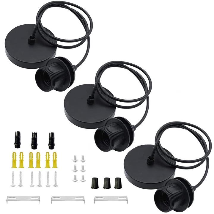 Комплект от 3 1м преходен кабел за крушка, Адаптер за фасунга E27, SINBINTA, С аксесоари за монтаж, Устойчив на висока температура, 60W, Лесен за инсталиране, За барове, Кухни, Кафета, Метал/ABS, Черен