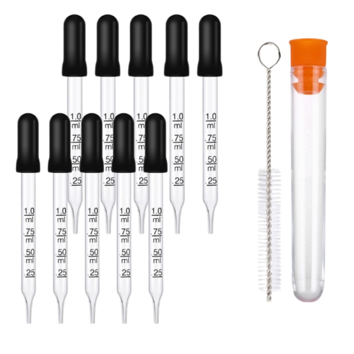 Set 10 Pipete din sticla cu gradatie pana la 1 ml, utilizare multipla – uleiuri esentiale, preparate medicale, administrare medicamente copii si animale, gatit, contine accesoriu de curatare si eprubeta