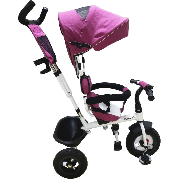 Tricicleta cu copertina NOVOKIDS™ Baby C, roti din cauciuc, frana si maner pentru parinti, cadru metalic, Mov