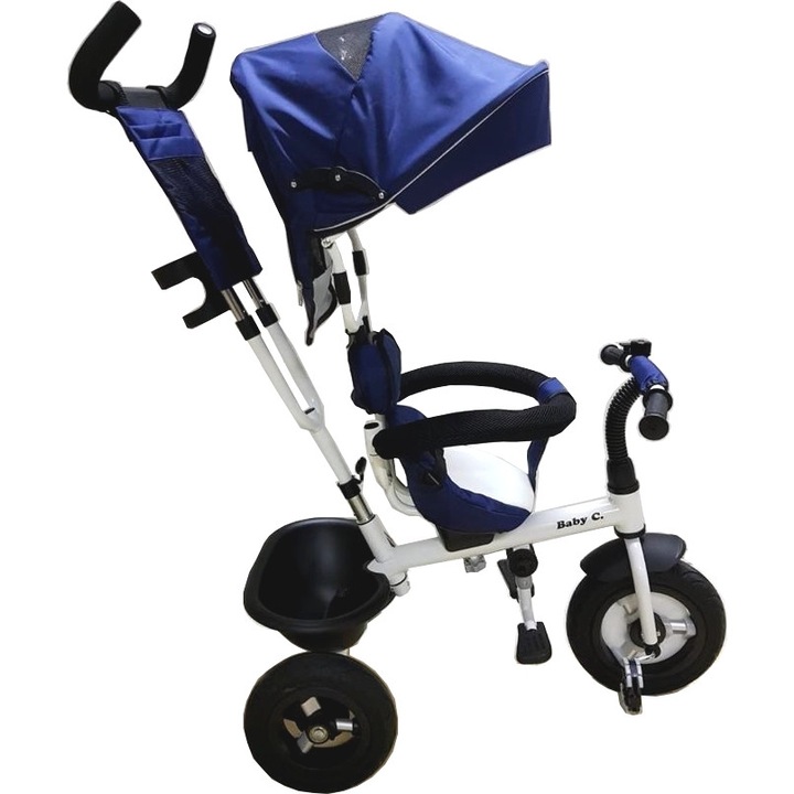 Tricicleta cu copertina NOVOKIDS™ Baby C, roti din cauciuc, frana si maner pentru parinti, cadru metalic, Bleumarin