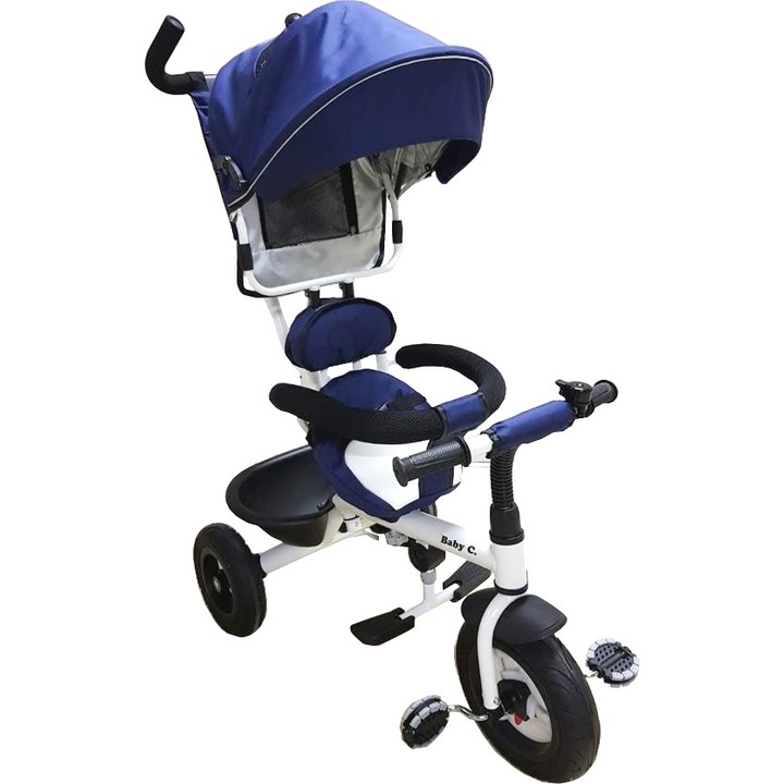 Baby Care™ Моята първа триколка със сенник Trike, педали и дръжка за родители, реверсивна седалка с въртене на 360 градуса, метална рамка, син
