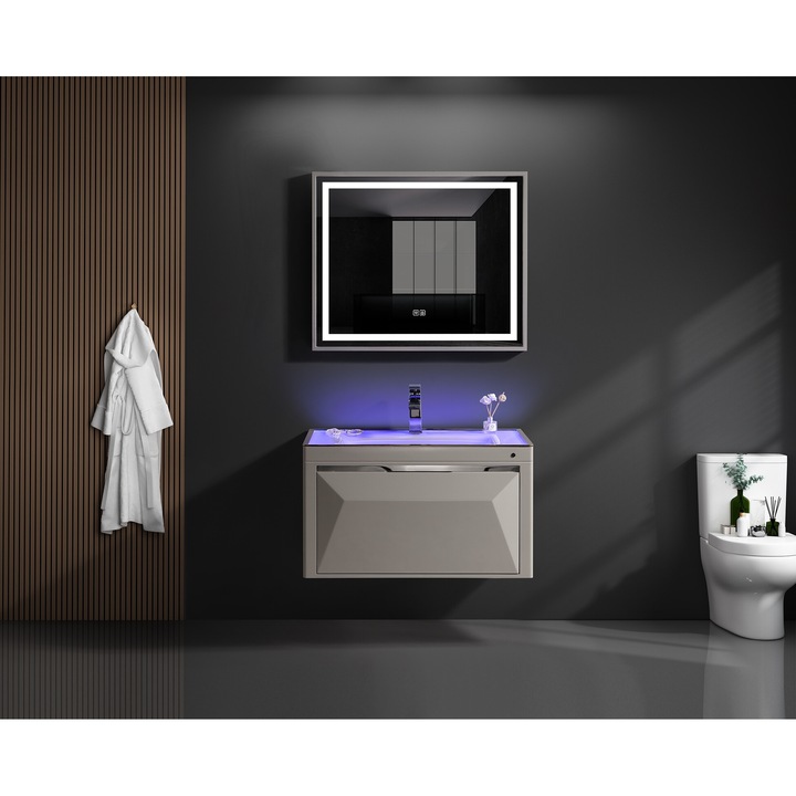 Set mobilier baie TRENDY’S cu lavoar ceramic, iluminare LED si oglinda LED – 84.5×49.6×48 cm cu doua sertare si spatiu de depozitare