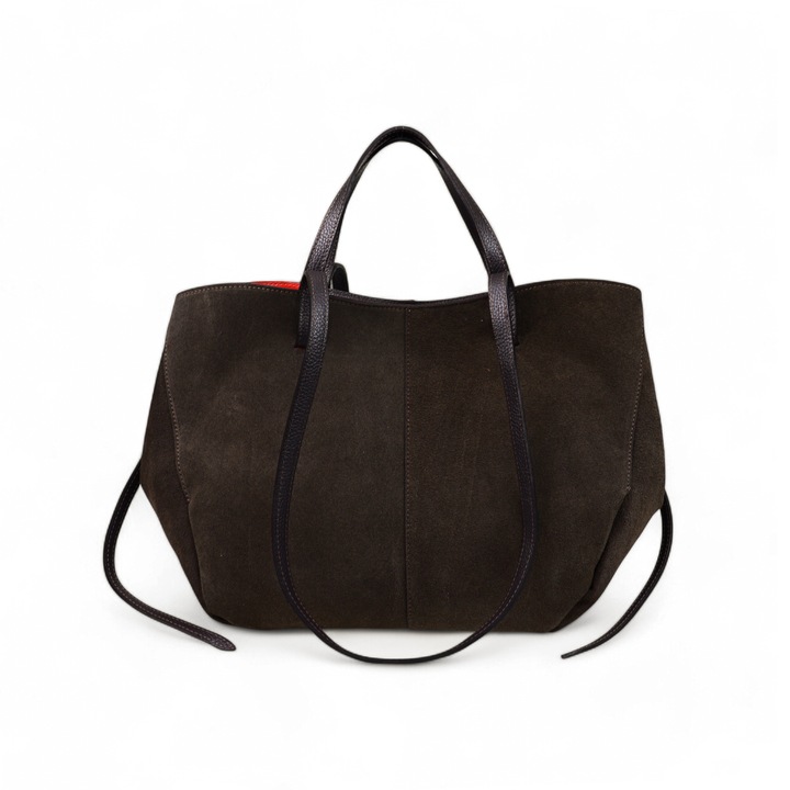 Geanta de mana Moranti, piele intoarsa, 1 compartiment, culoare cafea, stil casual