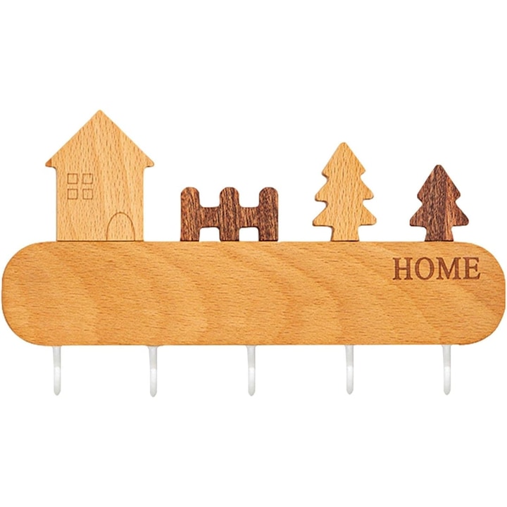 Suport pentru Chei, din Lemn, Aplicare fara Perforare, Adeziv Inclus, 5 Carlige Albe, Model Casuta, Greutate Suportata 5 kg, 13.5 x 23 cm, Maro