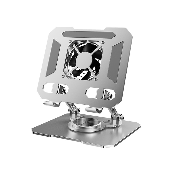 Suport Laptop Ergonomic, Fudisenn®, Cu Sistem de Ventilatie prin Coolerm, Reglabil la 180°, Pentru Laptop si Tableta, Incarcare USB, 12.9 inci, Cu Baza Rotativa 360°, Fabricat din Aluminiu, Argint
