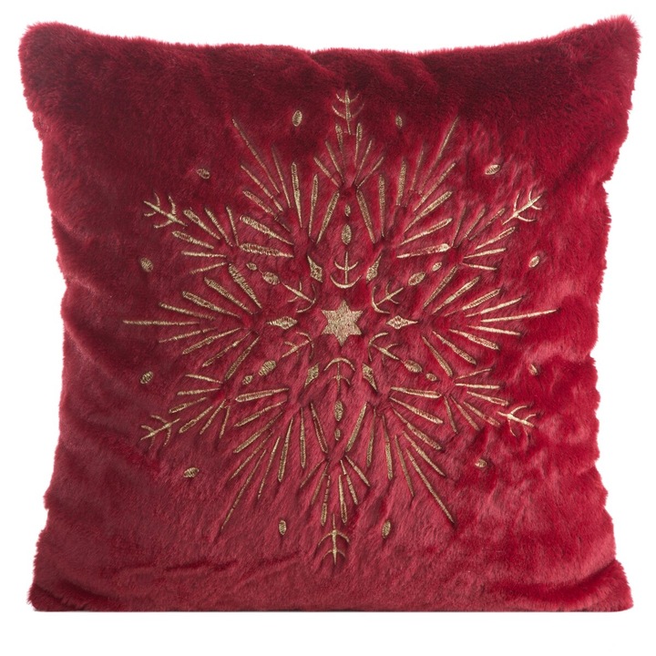 Karácsonyi párnahuzat kellemes szőrméből, hímzett hópehellyel díszítve 45x45 cm, piros Eurofirany