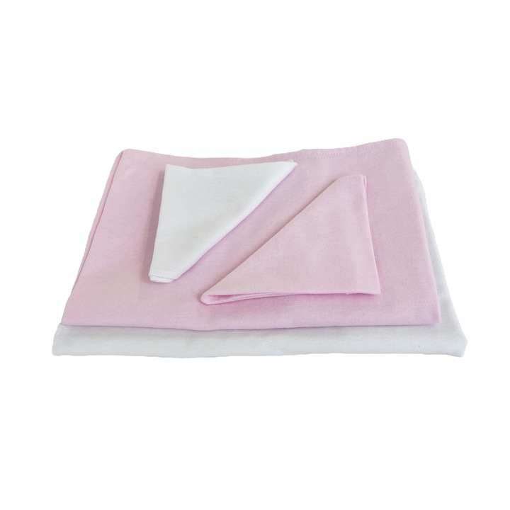 Set 2 bucati scutec de infasat bebe, 100x100cm, finet, cu 2 lavete, model uni, alb/roz