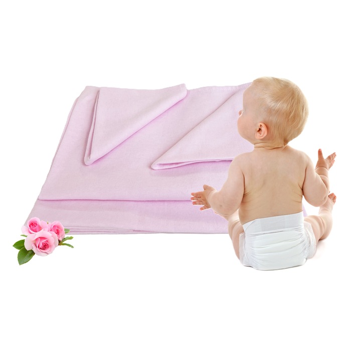 Set 2 bucati scutec de infasat bebe, 100x100cm, finet, cu 2 lavete, model uni, roz