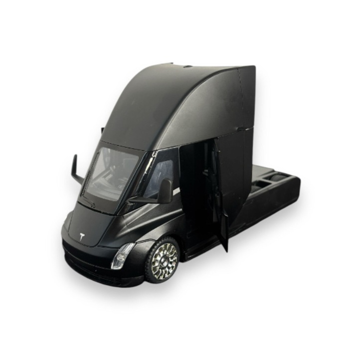 AutoMacheta Tesla Semi-Trailer Truck Head, Scara 1:24, Statie de Incarcare, din Metal, Lumini si Sunete realistice de Motor si Alarma, Pull-Back, Se deschid usile, 20cm, Negru, VisionXXI