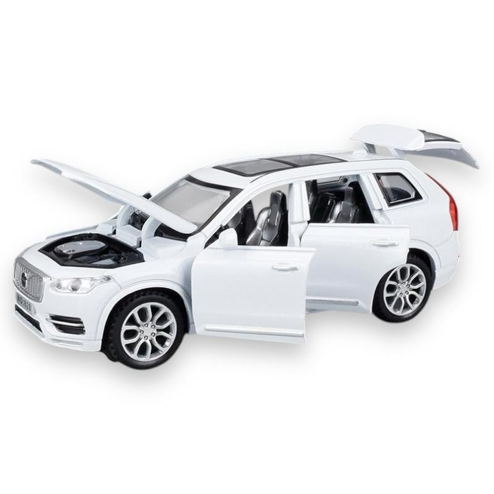 Macheta Volvo XC90, din Metal, cu Lumini si Sunete realistice de Motor si Alarma, cu Functie Pull-Back, cu Functie de Deschidere a Usilor - Alb