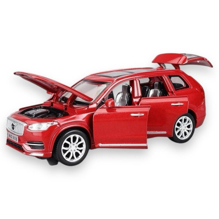Macheta Volvo XC90, din Metal, cu Lumini si Sunete realistice de Motor si Alarma, cu Functie Pull-Back, cu Functie de Deschidere a Usilor - Rosu