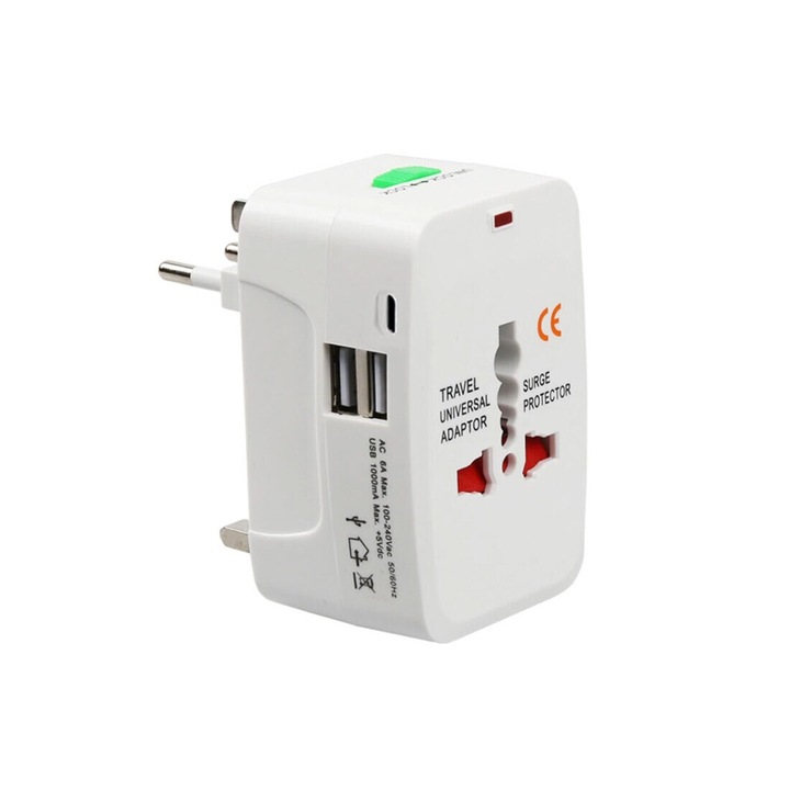 Adaptor de calatorie, universal Marea Britanie, UE, SUA, AU, 2xUSB, 1xUSB tip C, 220VAC, 6A