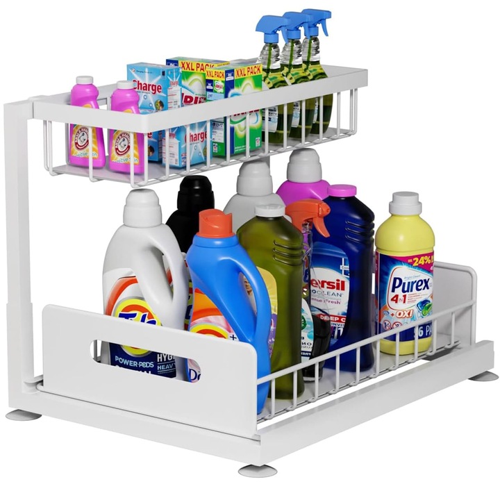 Organizator Multifunctional Elindor® 2 Nivele, pe Blat / in Dulap sub Chiuveta, Sertar Glisant, Suport Metalic Organizare, Ideal pentru Bucatarie, Baie, Camara, Bar, Raft cu Sertare Depozitare Legume, Fructe, Detergenti, Parfumuri, 36 x 27 x 28, Alb