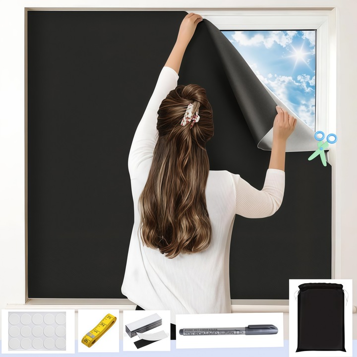 Hordozható sötétítő függöny, Wacorresi, szett: táska, toll, 10 pár 3x10 cm tépőzár, 45 db 3 cm viszkóz és átlátszatlan vászon, fúrás nélkül, könnyen ragasztható, hálószobába, gyerekszobába, padlásra, ideiglenes, anyag 100% átlátszatlan, 145×100 cm, Fekete