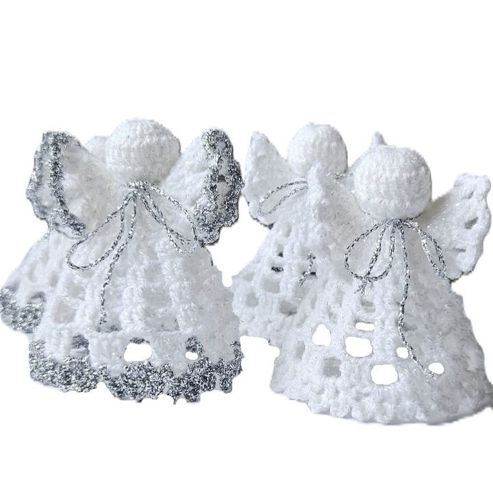 Set 4 ingerasi crosetati, 3D, cu margini albe si argintii, 9CM, decoratiuni de craciun lucrate manual