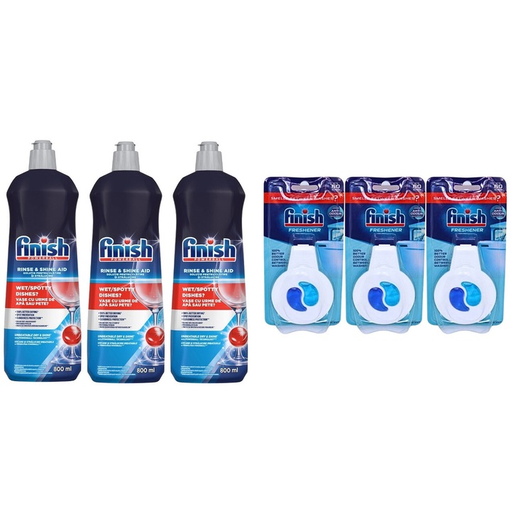 Set 6 x Finish Variety, 3 x Solutie Clatire 800ml Masina Spalat Vase, 3 x Deodorant Masina Spalat Vase 4ml Fresh Scent, fresh aroma, parfum floral, distruge calcarul, rapid si eficient, testat dermatologic, prospetime de lunga durata, eficacitate maxima