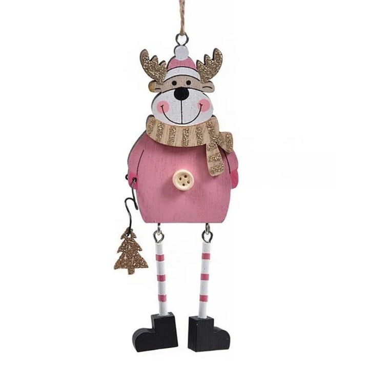 Ornament brad Craciun Antbro® cerb din lemn roz cu picioare suspendate, brad, glitter auriu si detalii albe, 15cm