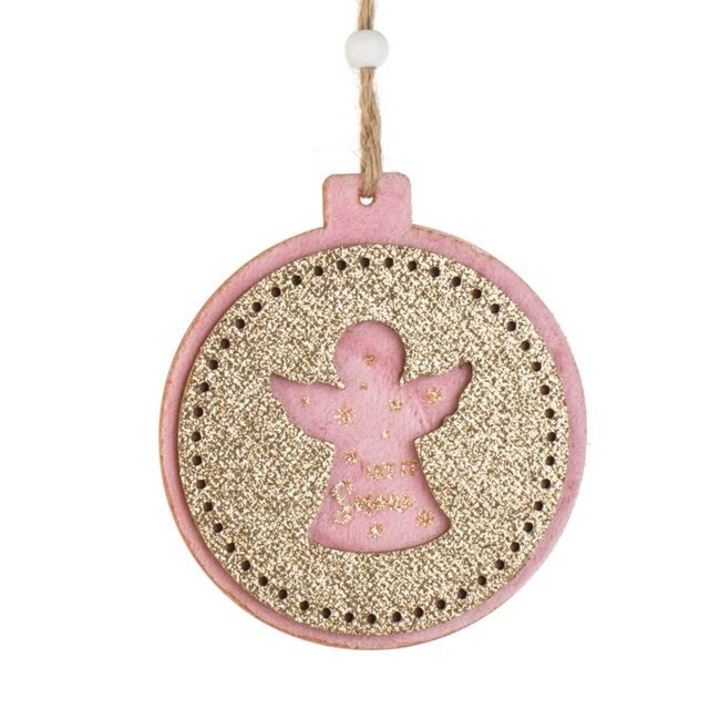 Ornament brad Craciun Antbro® din lemn, cu forma rotunda, catifelat roz cu inger in centru si mesaj "Let it Snow", 10cm