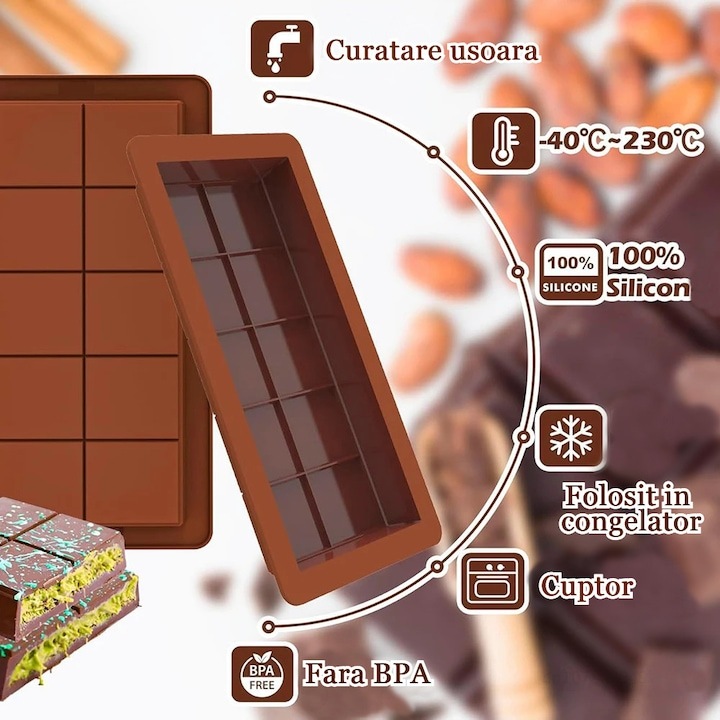 Forma Silicon Pentru Ciocolata Dubai MRG YH1160, 25x13.5 cm, Grosime 2 cm, 10 Alveole, Usor de Curatat, Silicon Alimentar, Maro